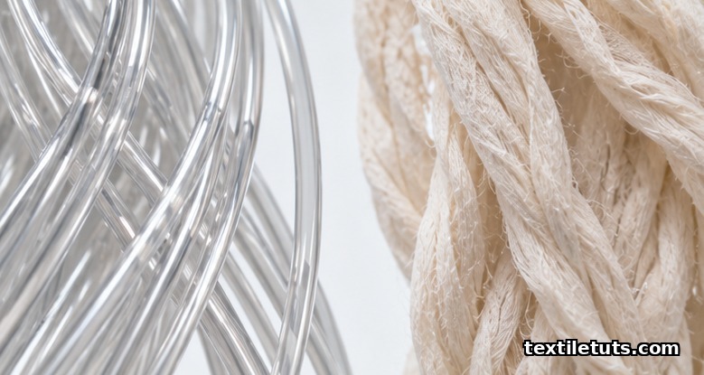 Macro side-by-side comparison of smooth cylindrical polyester filaments and twisted cotton fibers under magnification.