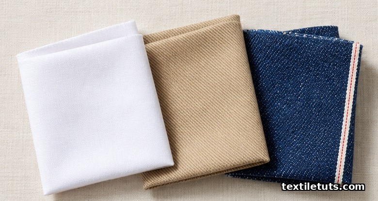 Three folded cotton fabric swatches: white poplin, beige twill, and indigo denim arranged for weave structure comparison.
