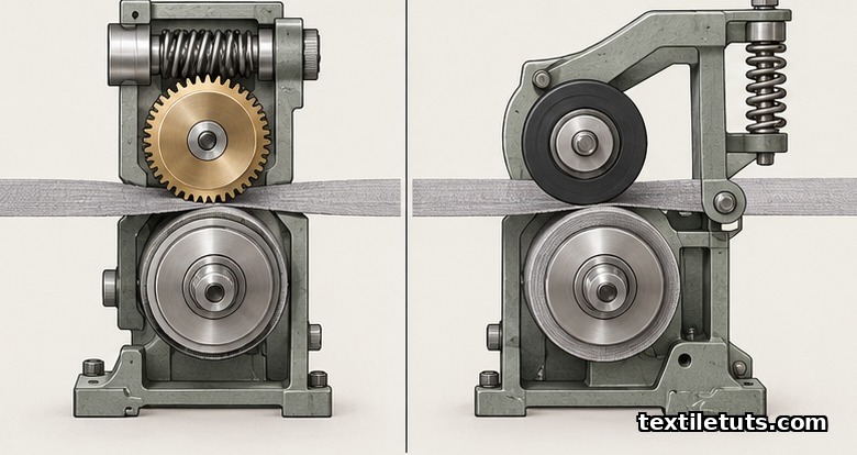Side-by-side comparison of positive gear-driven and negative friction-driven take-up mechanisms on a loom.