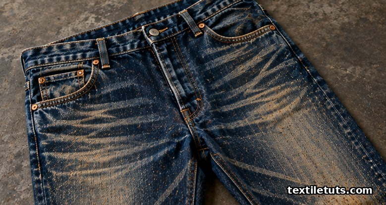 Indigo denim jeans with high-contrast vintage permanganate finish showing yellow-brown whiskers and warm faded cast.