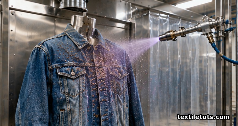 Spray booth applying purple permanganate mist to a denim jacket, leaving brown manganese-dioxide spots on indigo fabric.