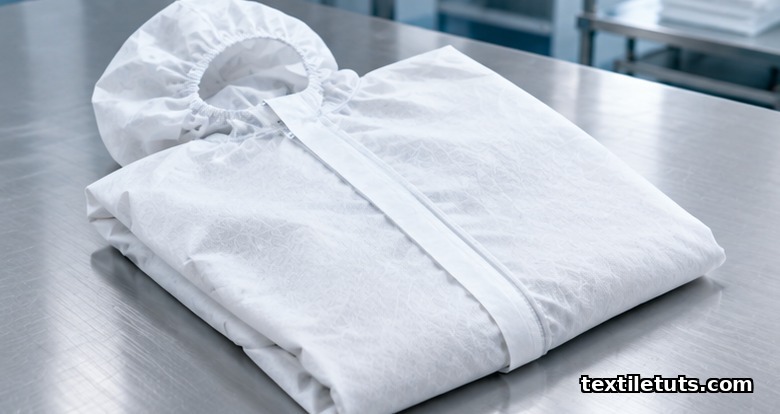 Folded white SMS polypropylene protective coverall laid flat on a stainless steel surface with hood and storm flap visible.