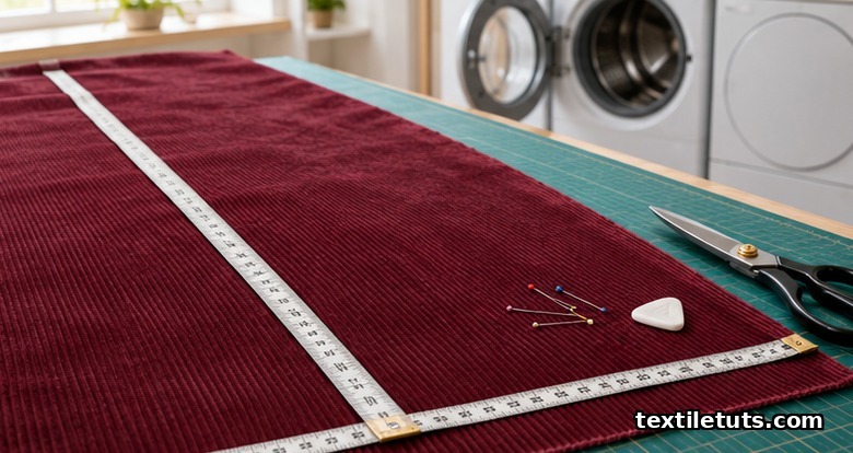 Burgundy corduroy yardage on a cutting mat with tape measures along length and width before pre-shrinking