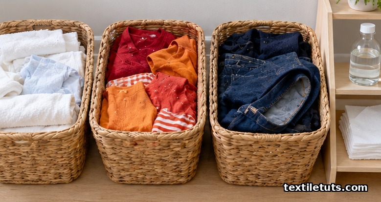Three laundry baskets sorted into whites, reds and dark denim to prevent dye transfer, with vinegar and color catchers