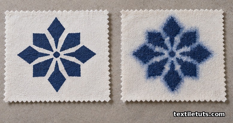 Two printed cotton swatches side by side — one with sharp navy pattern edges, one with bleeding dye halos at the print edges.