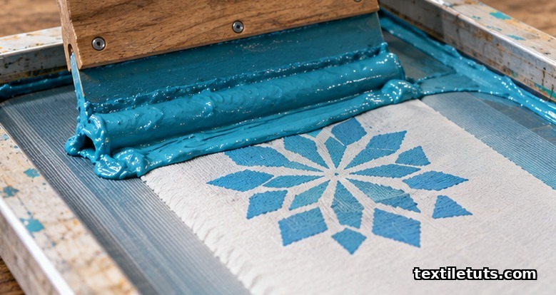 Thick turquoise print paste pressed through a flat screen onto white cotton fabric, forming a sharp geometric motif.