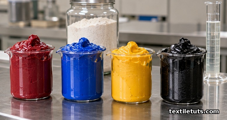Four glass beakers of reactive print paste in red, blue, yellow, and black lined up on a textile lab bench.