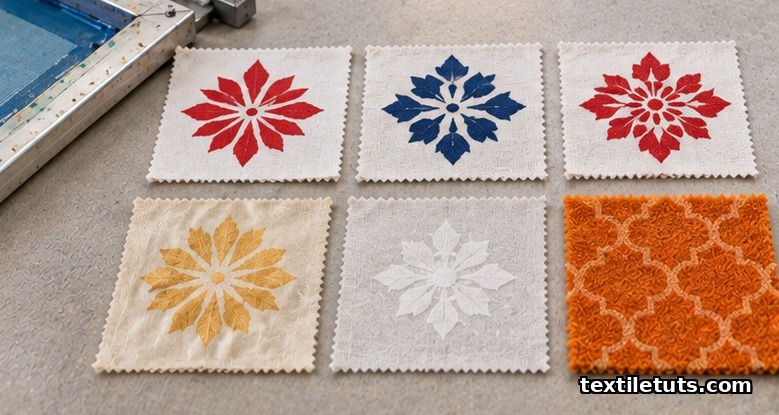 Top-down view of six fabric swatches printed with different dye types and colors on a print table.