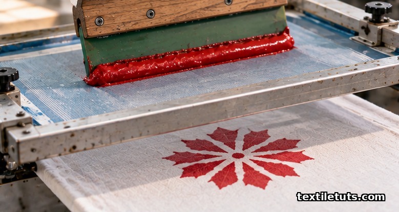 Flat-bed screen printing viscous red dye paste through a fine mesh screen onto white cotton fabric.