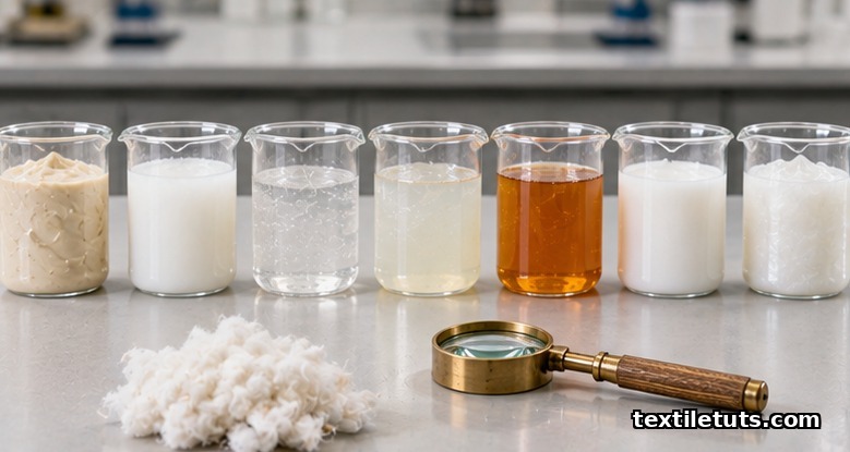 Seven glass beakers of textile print thickener samples arranged in a row on a lab bench.