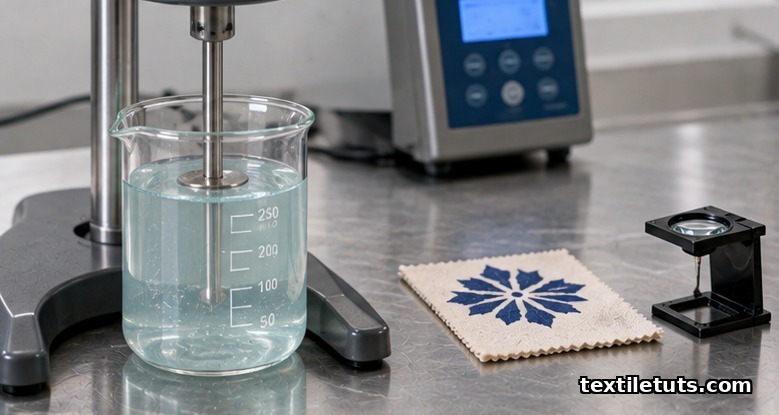 Brookfield viscometer spindle testing the viscosity of translucent textile print paste in a lab beaker.