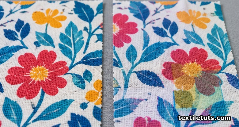 Close-up comparing a clean registered printed fabric sample against one showing misregistration, off-shade patches, and uneven deposition.