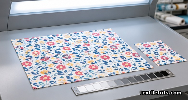 Textile QC station inspecting a printed fabric swatch under a controlled daylight light booth beside a master lab-dip standard.