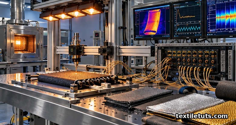 High-tech protective textile research bay with an instrumented test mannequin, sensor arrays, and conductive smart-fabric testing station.