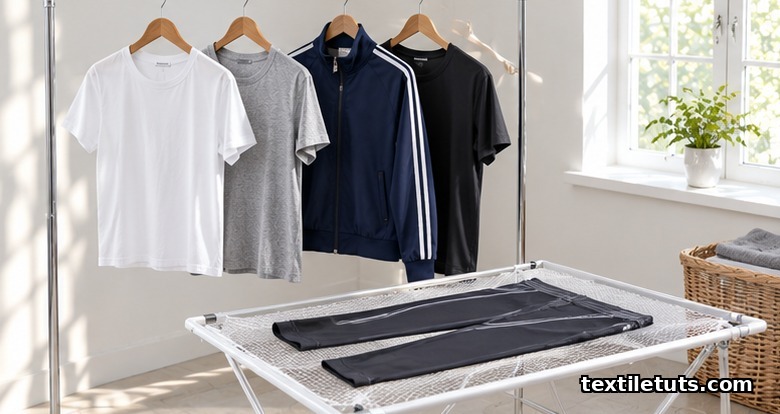 Cotton tees and a striped track jacket air drying on hangers, with stretch leggings laid flat on a mesh rack