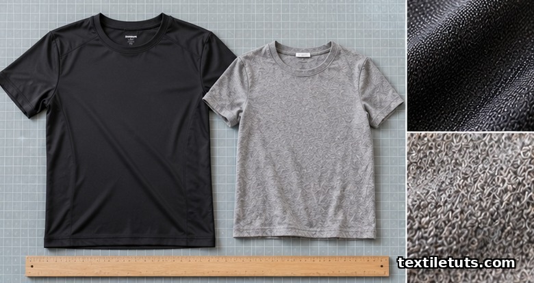 Unchanged polyester performance tee next to a slightly shrunken cotton jersey tee measured with a ruler