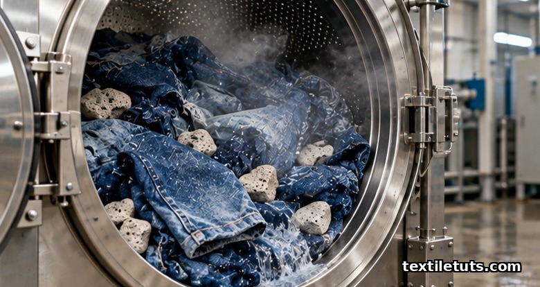 Industrial denim washing drum open with wet jeans and pale pumice stones tumbling inside during the stone wash cycle.
