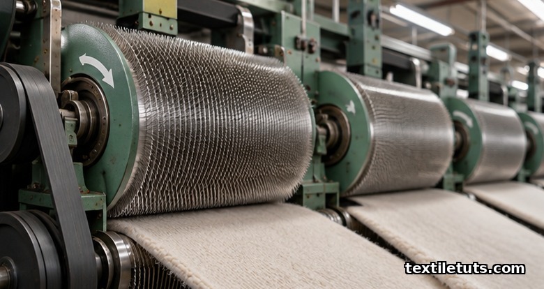 Industrial raising machine with card-wire rollers in series lifting fiber nap on knit fleece fabric during production.