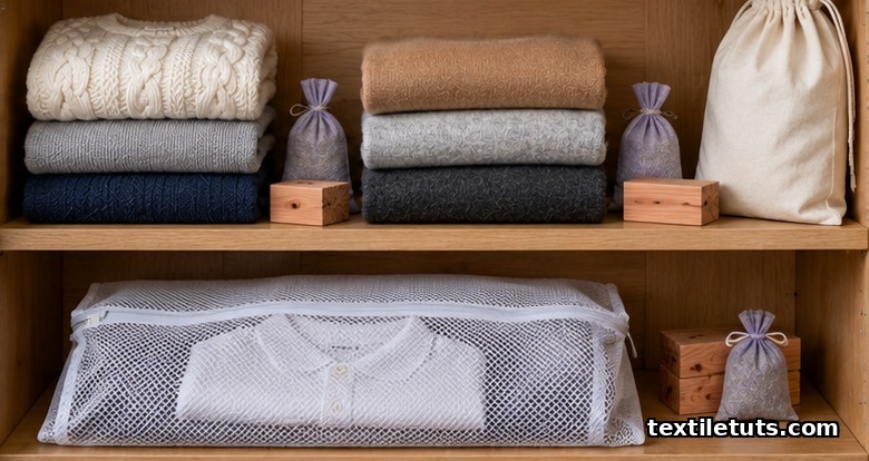 Folded cashmere and wool sweaters stored on a wardrobe shelf with cedar blocks, lavender sachets and a mesh laundry bag