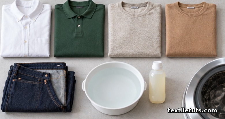 Folded Oxford shirt, piqué polo, merino and cashmere sweaters and denim jeans grouped by fiber for washing