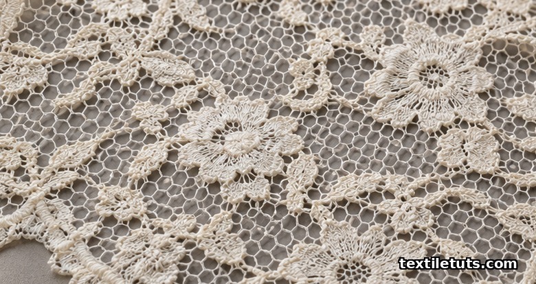 Ecru Raschel-knit floral lace fabric sample showing hexagonal net ground with raised floral motifs.