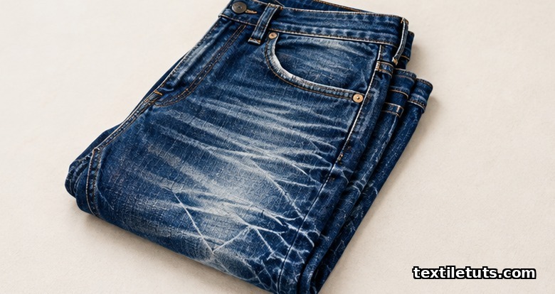 Worn raw indigo denim jeans showing sharp white creases at knees and pockets from ring dye surface abrasion.
