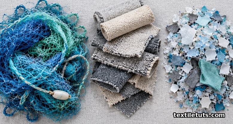 Flat-lay of recovered nylon feedstock: weathered fishing nets, carpet remnants, and pre-consumer fabric scraps on neutral surface.