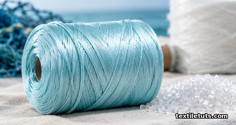 Pale aqua regenerated nylon 6 filament yarn skein resting on a neutral textile surface, illustrating Econyl closed-loop recycling.