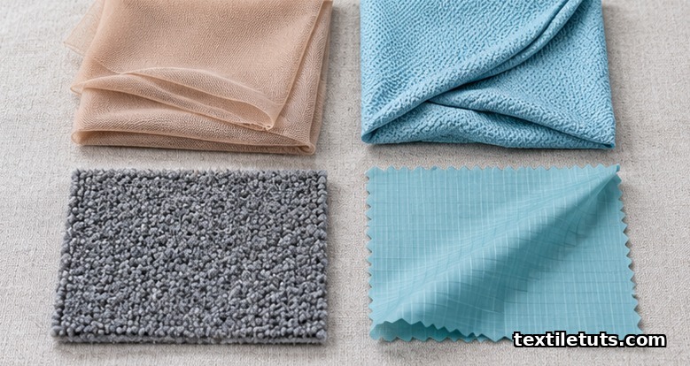 Recycled nylon textile applications including sheer hosiery, swimwear knit, carpet tile sample, and lightweight ripstop swatch.