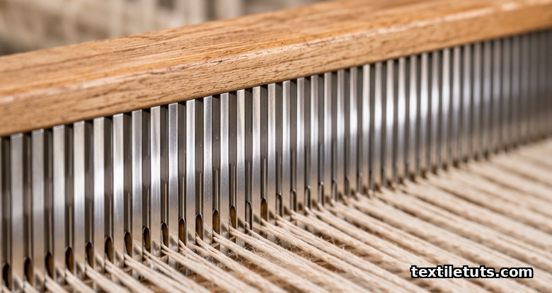 Macro close-up of a loom reed showing polished steel dents with warp threads passing through the slots.