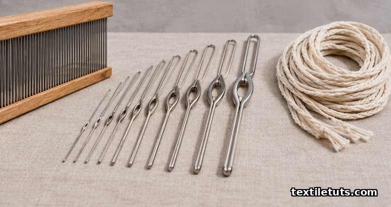 Studio arrangement of reed section, wire heddles in graduated sizes, and cotton string heddles on linen.