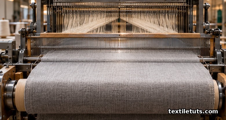 Wide view of a power loom shed opening with heddles lifting warp threads during weft insertion.