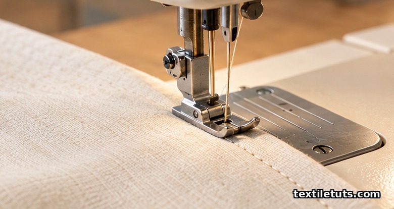 Regular lockstitch sewing machine needle forming a single straight stitch line on woven cotton fabric