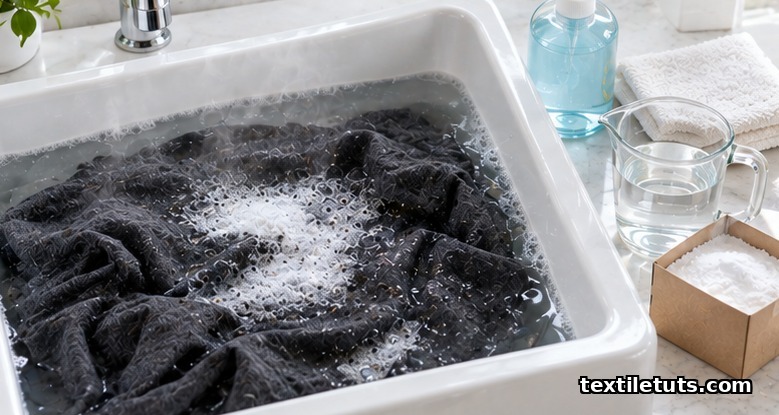 Dark garment soaking in a sink with dish soap lather, beside dish soap, white vinegar, baking soda and a soft cloth