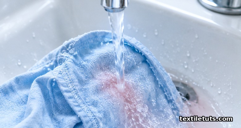 Inside-out cotton garment under cold running tap water rinsing a fresh blood stain from the reverse side