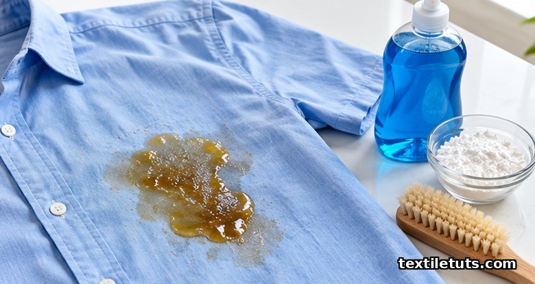 Cooking oil stain on a blue cotton shirt beside dish soap, cornstarch, and a soft brush for grease stain removal