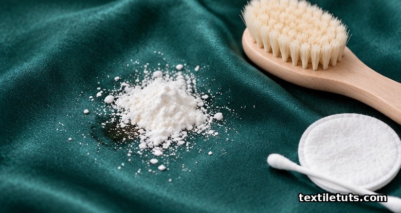 Cornstarch absorbing a grease stain on a teal silk scarf next to a soft-bristled baby brush and cotton pad