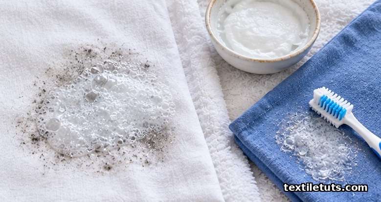 Hydrogen peroxide bubbling on a mold stain on white cotton next to oxygen bleach paste and a toothbrush