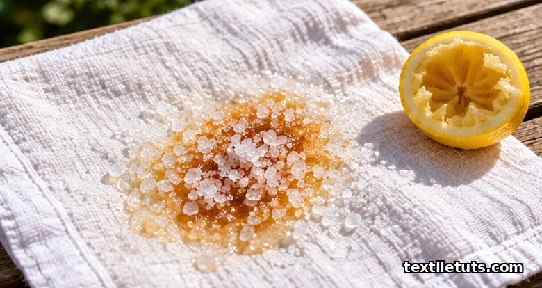 Rust stain on white linen covered in lemon juice and salt crystals drying in direct sunlight