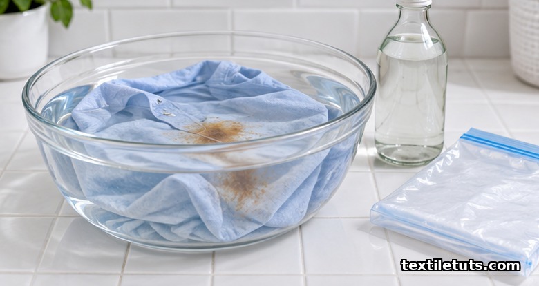 Light blue cotton garment with a rust spot soaking in a glass basin of white vinegar on a laundry counter