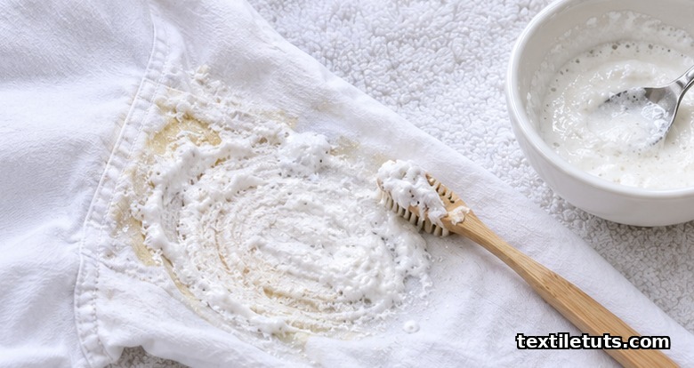 Baking soda and hydrogen peroxide paste on a white shirt's underarm sweat stain with a soft toothbrush