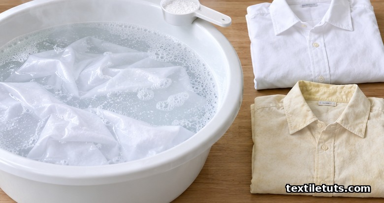 White shirts soaking in a fizzing oxygen bleach basin next to a brightened shirt and a yellowed one