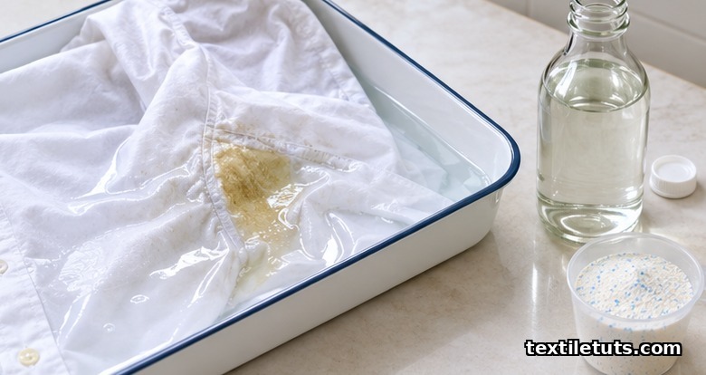 White shirt underarm stain saturated with white vinegar in an enamel tray beside a vinegar bottle and detergent