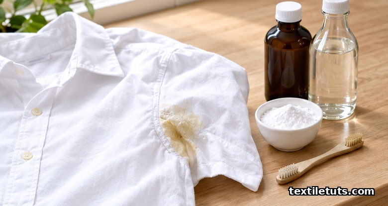 White cotton shirt with a yellow underarm sweat stain beside baking soda, hydrogen peroxide, vinegar and a toothbrush