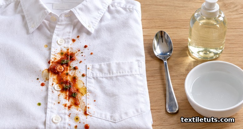 White cotton shirt with a fresh tomato sauce stain beside a spoon, dish soap, and a bowl of cold water.