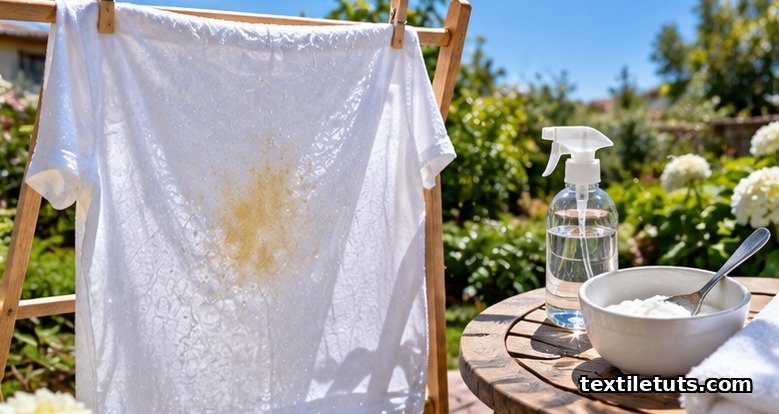 Wet white shirt with a fading turmeric stain drying in direct sunlight next to oxygen bleach paste and a spray bottle