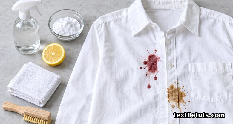 White cotton shirt with red wine and coffee stains surrounded by baking soda, lemon, spray bottle and blotting cloth