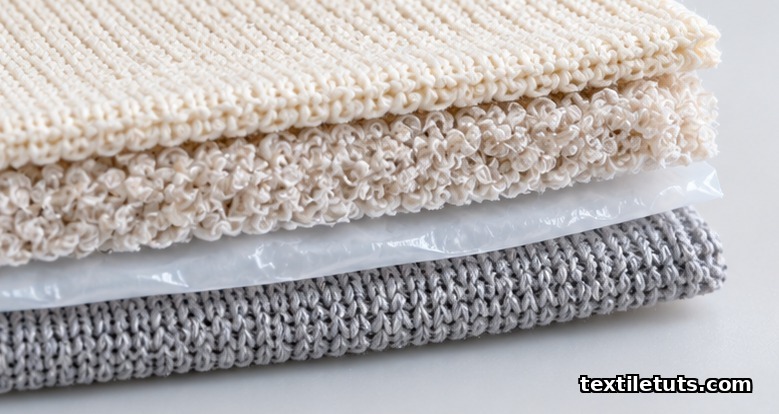 Macro cross-section of reusable period underwear showing knit moisture-wicking, absorbent, TPU, and outer polyester layers.