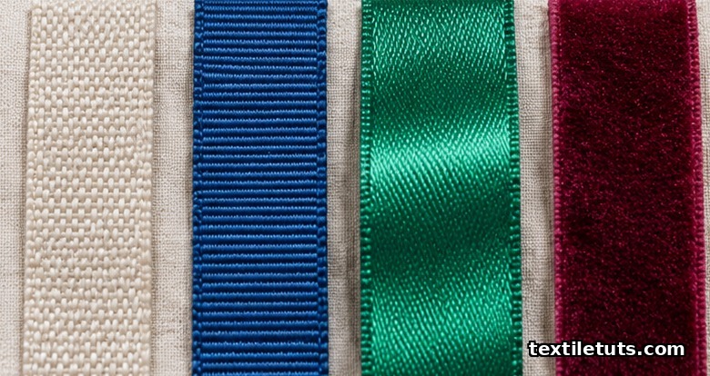 Four ribbon swatches side-by-side showing plain weave, grosgrain twill, satin, and double-woven velvet weave structures under raking light.
