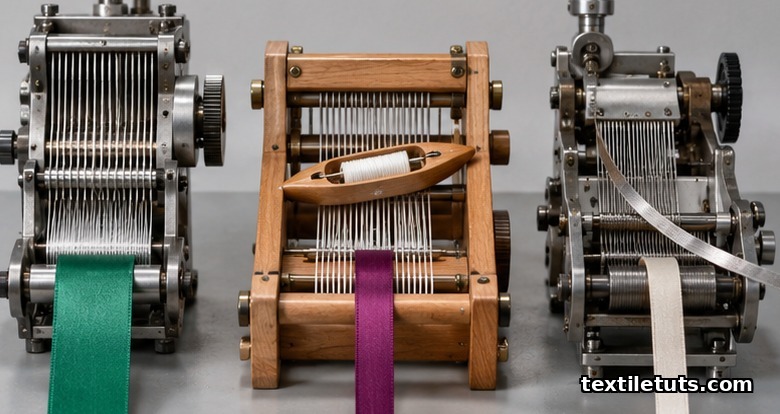 Three narrow-fabrics loom heads — needle, shuttle, and rapier — arranged side-by-side to compare their weft-insertion systems.